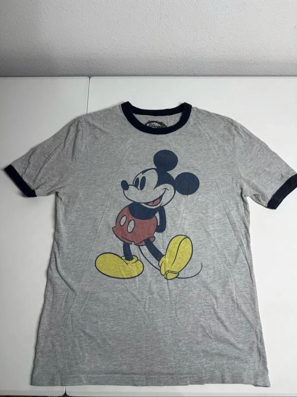 Disney Mickey Mouse Graphic Ringer T Shirt Gray Short Sleeve Cotton Blend Size S